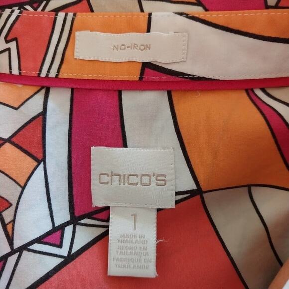 Chico's Button Up Top Women Size Medium Pink Retro Abstract Artsy Preppy - Picture 3 of 8